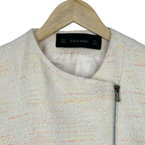 Zara Womens Tweed Moto Jacket Small Ivory Neon Texture Full Zip Blazer Career - Picture 5 of 16